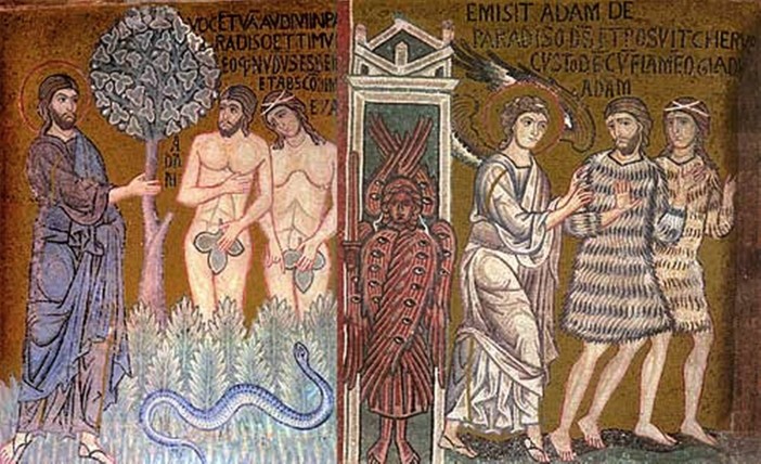 Adamo ed Eva si coprono e vengono cacciati dal Paradiso; mosaici, 1143