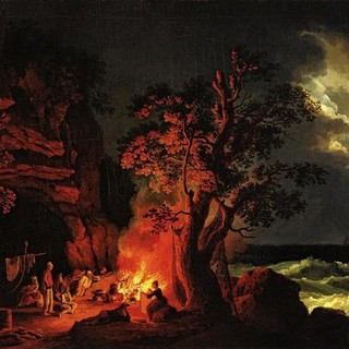 'Famiglia di pescatori attorno a un fuoco da campo con mare tempestoso'; J. P. Hackert (1737-1807)