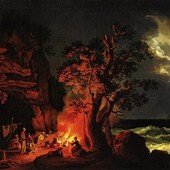 'Famiglia di pescatori attorno a un fuoco da campo con mare tempestoso'; J. P. Hackert (1737-1807)