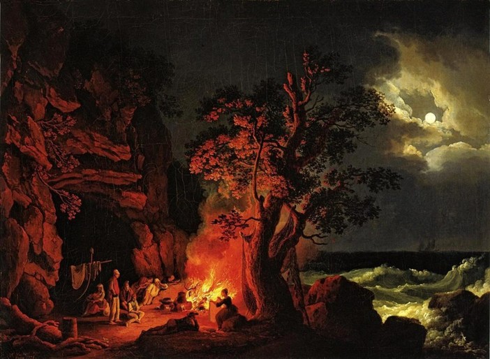 'Famiglia di pescatori attorno a un fuoco da campo con mare tempestoso'; J. P. Hackert (1737-1807)