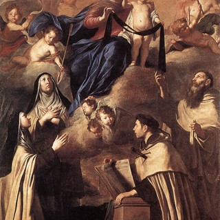 Nostra Signora del Monte Carmelo consegna lo scapolare dell'ordine ai santi Simone Stock, Angelo da Gerusalemme, Maria Maddalena de' Pazzi e Teresa d'Avila: dipinto di Pietro Novelli