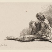 'Uomo nudo seduto per terra con una gamba tesa' (1646), di Rembrandt van Rijn