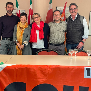 La segreteria della Cgil, da sn Fabrizio Graziola, Simona D’Agostino, la segretaria generale CGIL VdA Vilma Gaillard, Igor De Belli e Gabriele Matterana