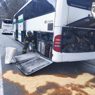 Domato incendio al motore di un pullman di linea